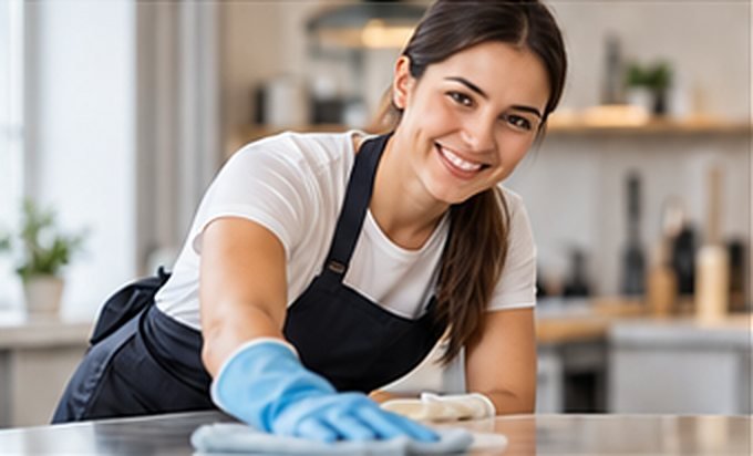 Profesional de limpieza sonriendo mientras trabaja