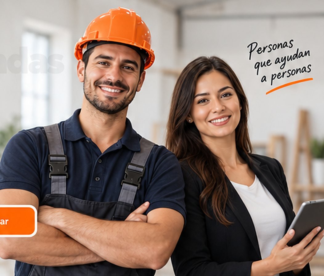 Profesional con casco y profesional con tablet, sonriendo